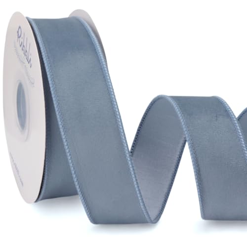 Ribbli Dusty Blue Velvet Wired Ribbon with Dupioni 1.5" x 10 Yds Continuous