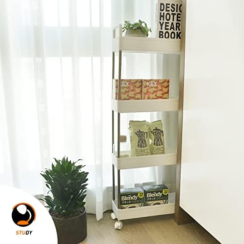 Ronlap 4 Tier Storage Trolley On Wheels, Narrow Kitchen Storage Unit with Handle Hook Lock Wheels, Slim Storage Trolley for Kitchen Bathroom Laundry Room, White