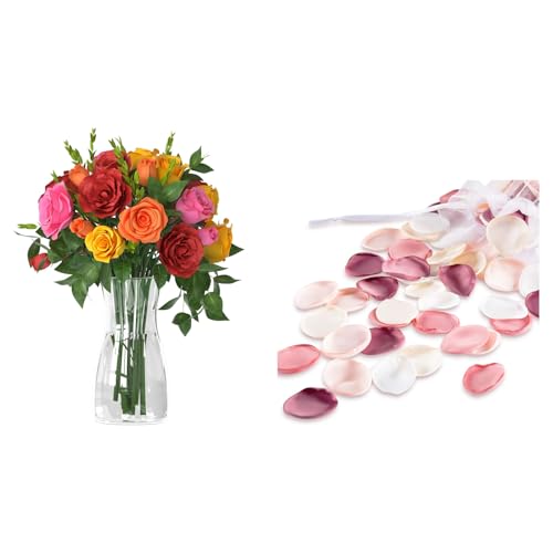 Der Rose Bundle of 1 Pack Clear Glass Flower Vase and 300pcs Artificial Flowers for Flower Bouquet Decoration