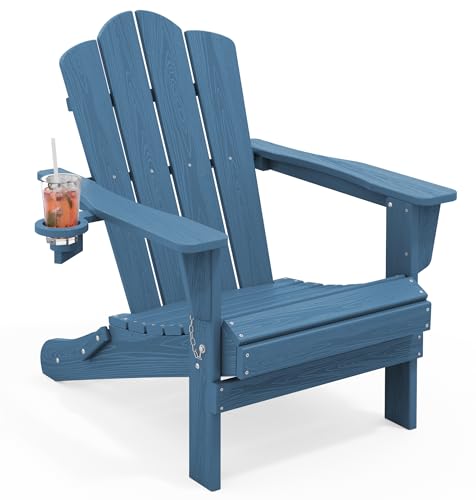 KINGYES Folding Adirondack Chair, HDPE All-Weather Patio Chairs with Cup Holder, Wooden Textured Fire Pit Chairs for Poolside, Backyard, Deck, Navy