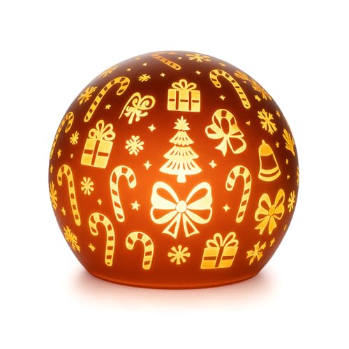 mucHome Deko Kugel LED Licht Gold mit Timer Weihnachtskugel rot/Gold 10cm, mit 10 warmweiße LEDs Weihnachtsmotive Weihnachten aus hochwertigem Glas