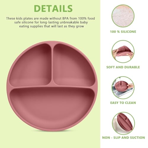 Image of Xacton Silicone Suction Plates for Baby Microwave,Dishwasher, Freezer Safe Unbreakable | 3 Divided Portion with 4 Suction Cup Feeding Plate for Baby & Toddlers (Pink)