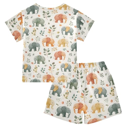 ALAZA Elephant Leaves Watercolor Pajamas Short Sleeve 2 Piece Sleepwear Top and Bottom Pajama Set Unisex2