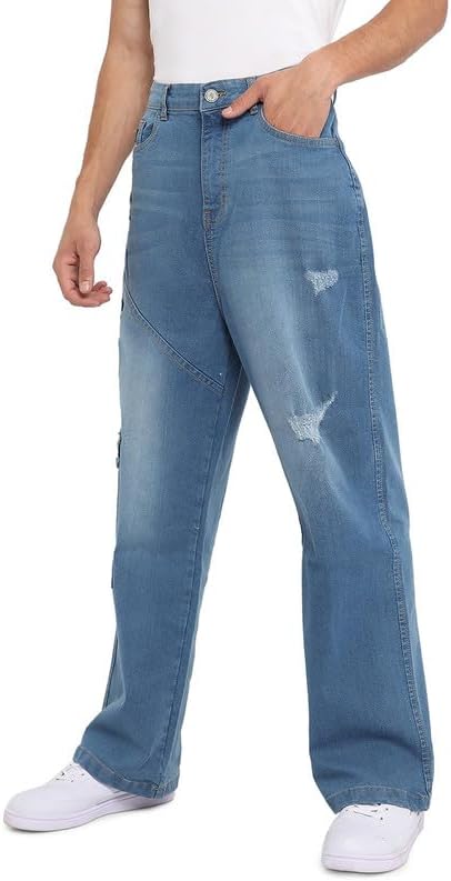 Campus Sutra Men's Light Blue Asymmetrical Stitch Denim Jeans for Everyday Wear | Light-Wash | Button Closure | Regular Fit | Denim Jeans Crafted with Comfort Fit for Everyday Wear (36)