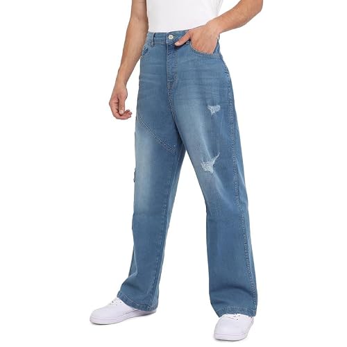 Campus Sutra Men's Light Blue Asymmetrical Stitch Denim Jeans for Everyday Wear | Light-Wash | Button Closure | Regular Fit | Denim Jeans Crafted with Comfort Fit for Everyday Wear (36)
