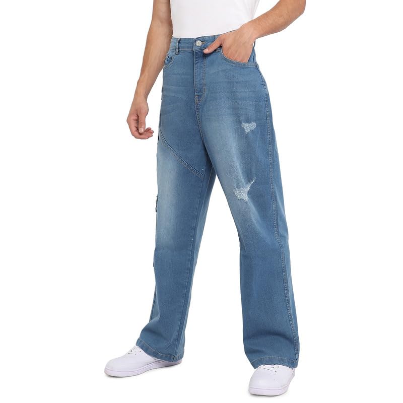 Image of Campus Sutra Men's Light Blue Asymmetrical Stitch Denim Jeans for Everyday Wear | Light-Wash | Button Closure | Regular Fit | Denim Jeans Crafted with Comfort Fit for Everyday Wear (36)