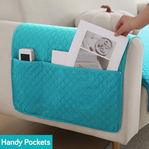 Image of HOKIPO Polyester Quilted Sofa Armrest Cover With Pockets, Teal, Pack Of 2 (1 Pair) (In-787-Tl*2)