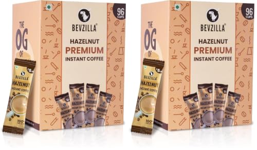 Image of Bevzilla 96 Instant Coffee Powder Sachets (Hazelnut) -192 Grams |Arabica Coffee| Easy To Carry|Best For Espresso, Latte, Cappuccino| Enjoy Hot & Cold (Pack of 2)