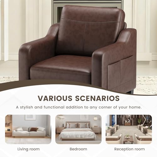 COLAMY Modern Accent Chair with Foldable Table, 2 Side Pockets,Upholstered Living Room Side Chair Wooden Leather Armchair, Single Sofa for Bedroom/Office/Reception Room, Chocolate by COLAMY - Image 9