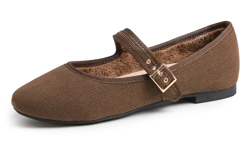 FEVERSOLE Women's Soft Cushion Extra Padded Comfort Round Toe Mary Jane Metal Buckle Fashion Ballet Flats Walking Shoes Brown Corduroy 9 M US