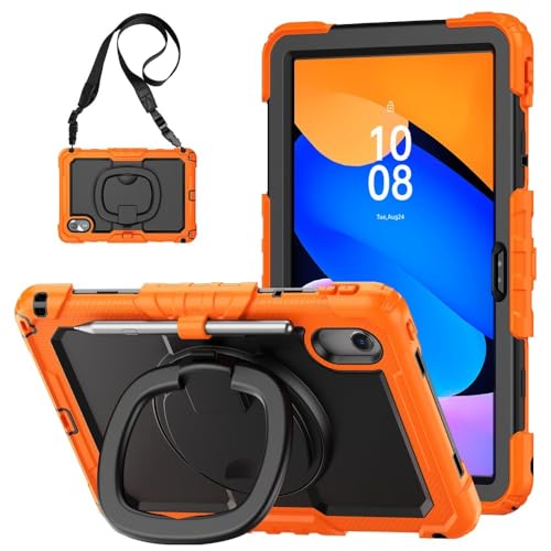 Coque Lenovo Tab K11 Gen 2 2025 antichoc orange et noire avec support et bandoulière