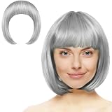 Aomig Peluca Gris Abuelita, Recta Corta Peluca de Anime Cosplay con Redecilla Pelo, Pelucas Corto Bob con Flequillo de Sintética, Pelucas de Color Neón para Halloween Carnaval de Mujer