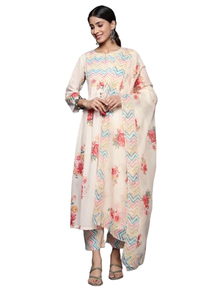 Kurta femme crème Varanga avec pantalon imprimé et dupatta assorti