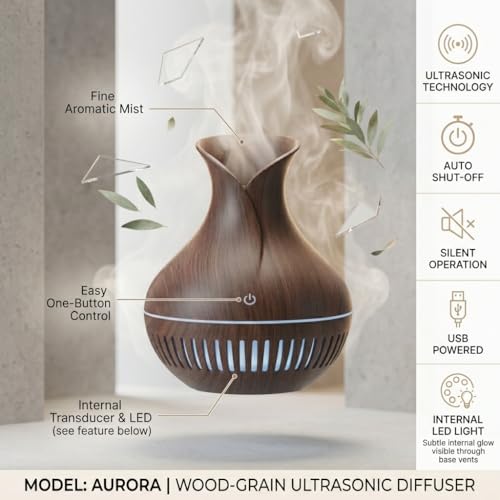 Image of Lakshiv Aroma Diffuser Humidifier for Room & Home with LED Light | Ultrasonic Cool Mist Air Humidifier for Bedroom | Essential Oil Diffuser | Wood Grain Finish | 30ml | Touch Operation (Dark Brown)