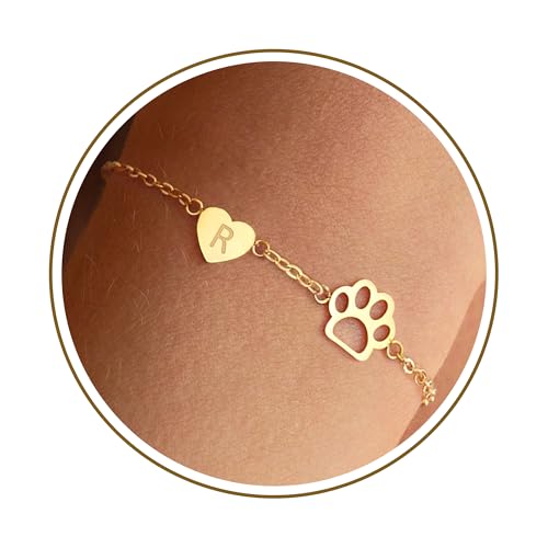 DONYUDE Memorial Ornaments for Loss of Loved One Dog Paw R Initial Heart Bracelets for Women Teen Adjustable 14k Gold Bracelets for Her Birthday Jewelry for Dogs Lover Dog