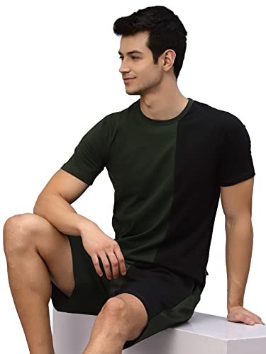 Image of RIGO Cotton Waffle Knit Self Textured Casual Style Co-Ord Set for Men's|Night Suit Set for Men's|Lounge-Wear Nightdress Pajama Set for Men's|Night Wear,Beach Wear,Vacation Wear Green,Black,X Large
