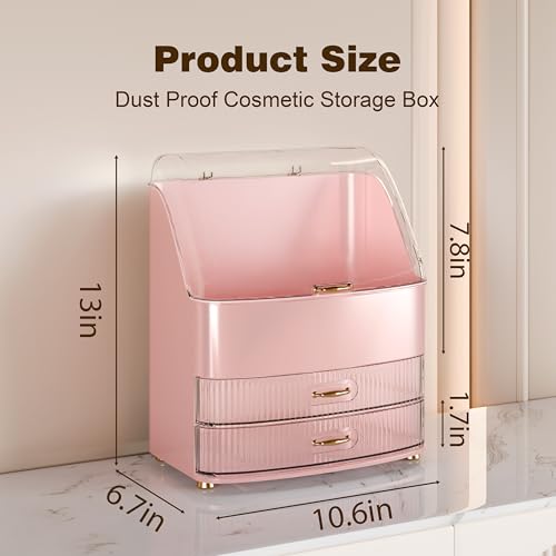Image of Makeup Organizer Countertop Vanity with Transparent Lid Drawers Waterproof Dustproof Cosmetic Skincare Bathroom Storage Gift for Women Teens Girls (Pink)
