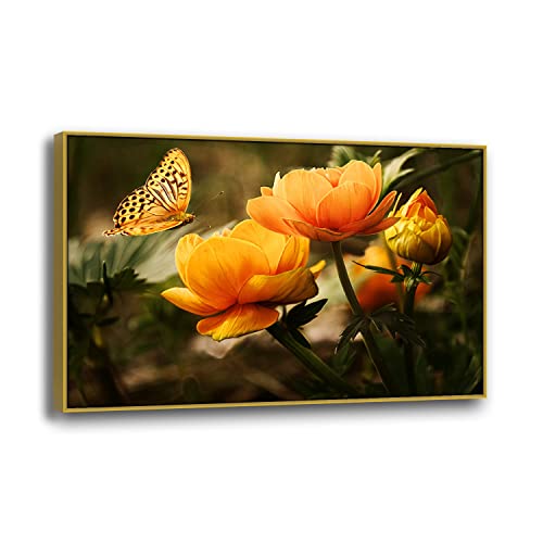 Peintures sur toile fleur papillon argenté délavé cadre doré 80x120