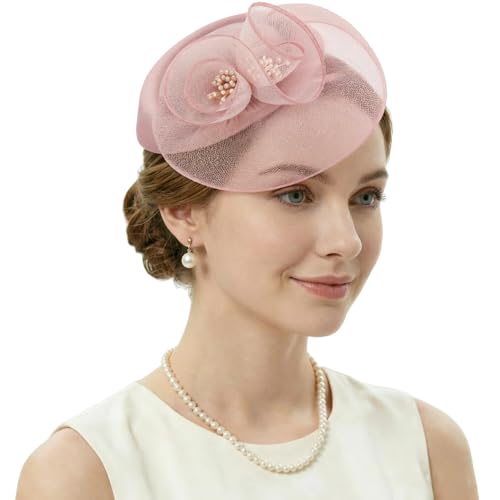 Image of DRESHOW Fascinator Hats for Women Cocktail Tea Party Hat Netted Pillbox Hat Vintage Derby Hats for Bridal Wedding
