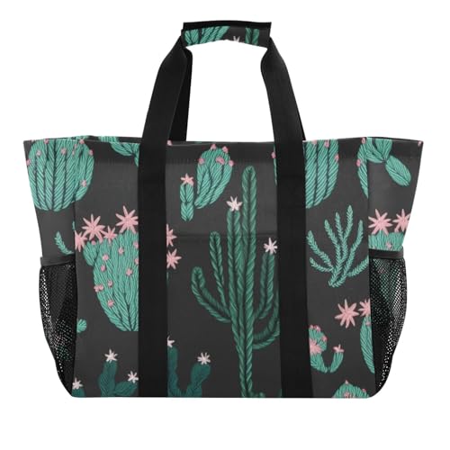 Cute Cactus Black Large Beach Bag Waterproof Beach Tote Bags for Women Travel Gym Pool