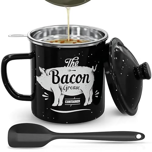 PGYARD Bacon Grease Container with Strainer-46OZ Enamel Keeper with Spatula