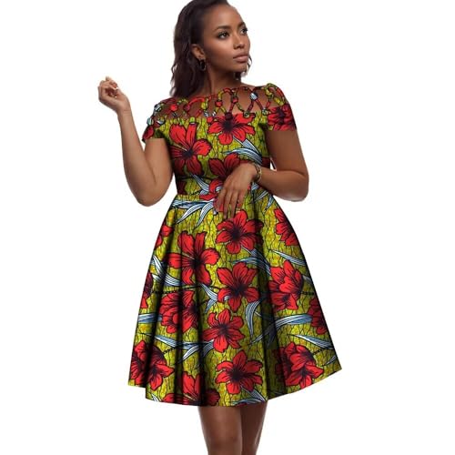 Image of XIAOHUAGUA African Dresses for Women Cotton Cutout Neck Short Sleeve Ankara Dashiki Cocktail Party A-Line Flare Dress