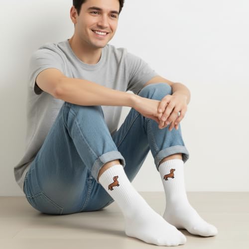 Tindo Dackel Socken Damen Herren – Weiße Crew Socken mit Dackel Stickerei – Lustige Hundemotiv Socken – Retro Streetwear Unisex – Bequeme Baumwollsocken & Geschenkidee für Tierliebhaber