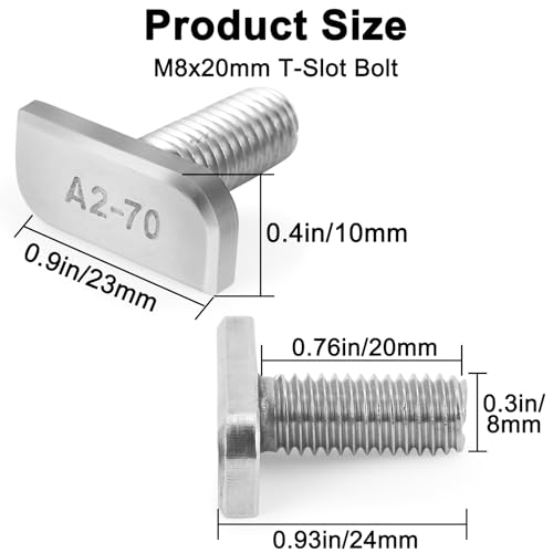 Image of 20Pcs T-Slot Bolt M8x20mm 304 Stainless Steel T Slot Drop-in Bolt - Sliver | A2-70 T-Shaped Bolt Screw for Aluminum Extrusion Profile Photovoltaic Solar Mounting, T-Slot Insertion Bolts