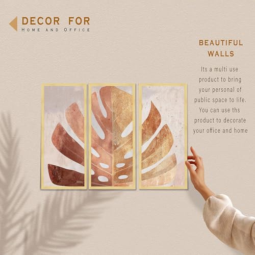 Image of PAINTINGMANTRA Abstract Botanical Framed Wall Art Set of 3 | Modern Boho Leaf & Landscape Prints | Engineered Wood Frame Wall Decor for Living Room, Bedroom & Office, 8.9x18.9 Inch