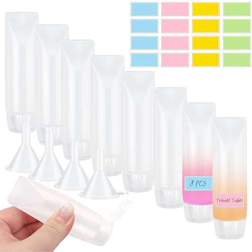 12PCS Travel Kit - 8 Pcs Travel Size Toothpaste Tubes 1 oz, Refillable Squeeze Bottles with 4 Funnels & Colorful Labels, Leak Proof Portable Containers for Lotion, Makeup, Toiletries