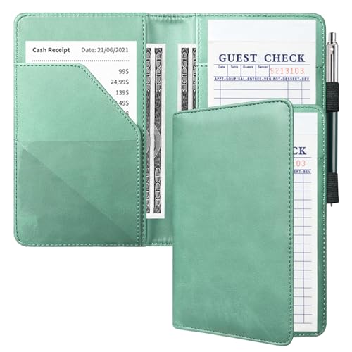 ACdream Server Books for Waitress, Guest Book Note Pad, Cute Pocket Leather Money Organizer Wallet, Cash Check Bill Receipt Holder Presenter, Waiter Accessories Fit Server Apron- Green