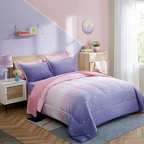 Image of Dinjoy Girls Women Comforter Set King Size Ombre Pink Purple Rainbow Bedding Set 7 Pieces Bed in A Bag for Teen Adult (1 Comforter, 1 Flat Sheet, 1 Fitted Sheet, Pillow Shams & Pillowcases)