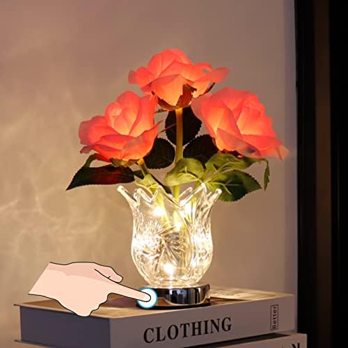 Battery Operated Rose Table Lamp, LED Artificial Flowers Small Table Lamp Night Light with Crystal Clear Glass Vase, Cordless Touch Lamp for Home Bedroom Living Room Desktop Decor Gift (Pink)