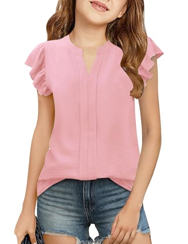 Image of Floral Find Girls Casual Ruffle Short Sleeve V Neck Textured Shirts Summer Dressy Tunic Top Blouses