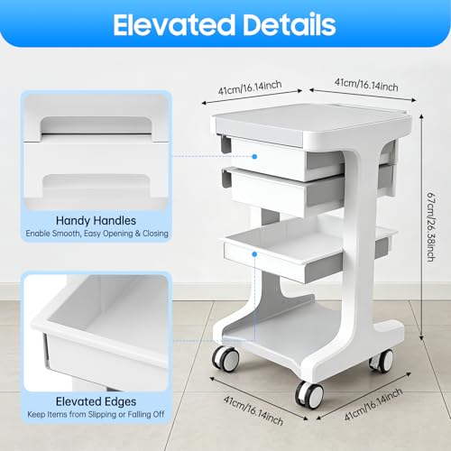 3 Tier Medical Rolling Cart with 2 Drawers Professional Mobile Medical Trolley 3 Tier Rolling Utility Cart for Hospital Clinic, Max 50kg/110lb Load, 16.14 * 16.14 * 26.38in (Grey) - Thumbnail 7