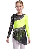 Alvivi Vestido de Patinaje sobre Hielo de Manga Larga Niña Leotardo Gimnástico Maillot Brillante de Baile Latino con Falda Malla de Diamantes Coloridos 3-16 Años Amarillo Fluorescente 13-14 años