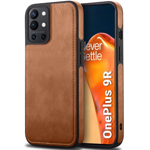 Image of TheGiftKart Genuine Leather Finish Back Cover Case for OnePlus 9R 5G | Shockproof Design | Raised Edges for Camera & Screen Protection | Stunning Minimalist Design Back Cover for OnePlus 9R (Brown)