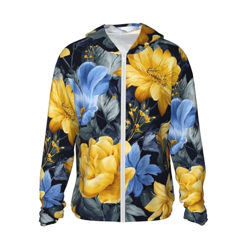Sun Protection Hoodie Shirt Blue Base Yellow Floral UPF 50+ Long Sleeve Outdoor Rash Guard for Men Women