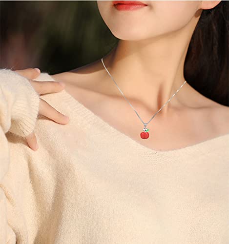 Cute Red Apple Pendant Necklace for Women Girls 925 Sterling Silver Charms Snow White Inspired 3D Candy Fruit Leaf Link Chain Adjustable Nickel Free Lovely Christmas Eve Teacher Graduation Jewelry Gift 18 inch2