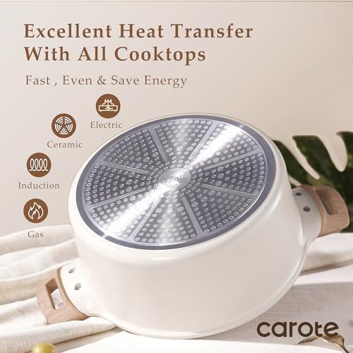 Image of CAROTE Nonstick Stock Pot with Lid, 6 Quart White Granite