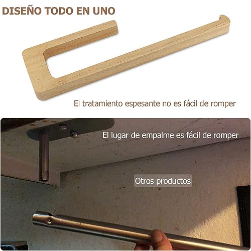 SAUNNIHEN Portarrollos Cocina Adhesivo, Soporte Papel Cocina Madera, Porta Rollos de Papel Cocina Montado en la Pared, Soporte Rollo Papel Cocina Instalación Autoadhesiva o Perforada - imagen 3