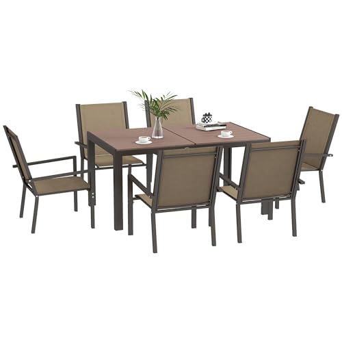 Outsunny 7 PCs Garden Dining Set, Wood-plastic Composite Table & 6 Chairs, Khaki