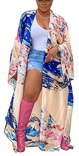 Image of Kimono Cardigan for Women Long Boho Satin Kimono Robes Plus Size Open Front Beach Swimsuit Cover Ups Lightweight Duster