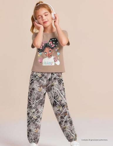 Image of mksodop Girls Outfit Set Graphic T Shirt and Camo Jogger Pants Cute Casual Clothes for Girls 5-16 Years