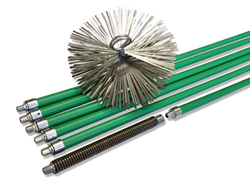 Kibros 5KIT25Ab - Kit de deshollinador profesional de conductos sin revestimiento, erizo de acero plano, diámetro 250 mm, 8,50 m en 6 bastones autobloqueantes, muelle de salida