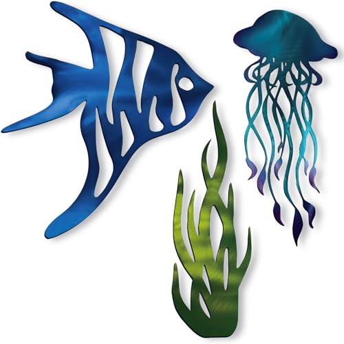 Zonon JAX-ZONON-1364 Set Of 3 Metal Ocean Beach Wall Decor Colorful Coastal Themed Decor Metal Fish Seaweed Jellyfish Beach Wall Hanging Seaside Nautical Home Decor cover