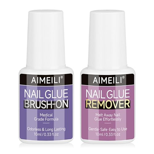 AIMEILI Colla e Solvente Unghie Finte 2 x 10ml Colla per Unghie Finte Senza Lampada e Dissolvente Nail Glue and Remover per Salone Casa