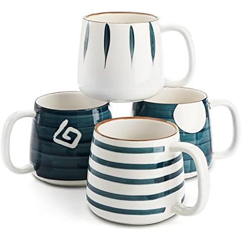 DEAYOU Porcelain Coffee Mugs Set of 4, 17 Oz Ceramic Coffee Mugs Cups with Handles, Large Stoneware Mugs for Tea, Hot or Cold Drinks, Cappucino, Hot Chocolate, Milk, Hand-Painted Patterns (4 Styles) Cover
