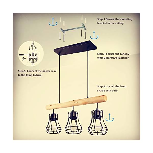 Osasy Deckenlampe holz rustikal Esszimmer Höhenverstellbare Hängelampe mit 60 CM Holzbalken, Hängeleuchte 3 x E27 max… – Bild 7