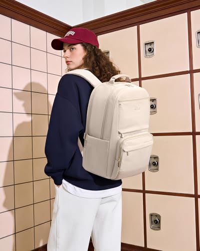 Image of LOVEVOOK Laptop Backpack for Women with Large Capacity Cup Pocket, 15.6 inch Work Purse Travel Bag for Teacher Nurse, Waterproof Computer Business Back Pack, Bookbag for College, Nude